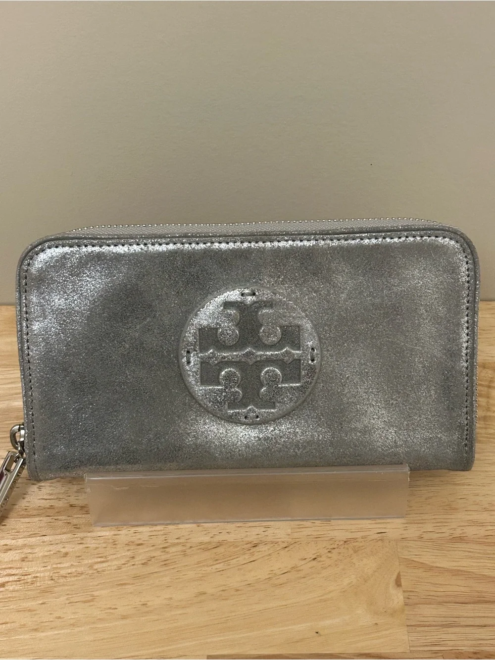 Tory Burch Silver Metallic Logo Zip Wallet